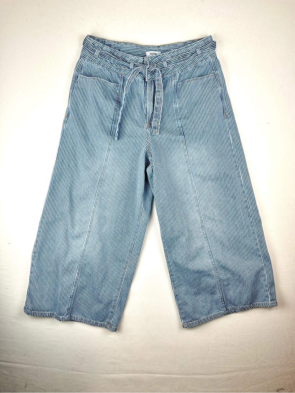 Kensie The Kaya High Rise Wide Leg Ankle Stripe Jean Pants With Tie